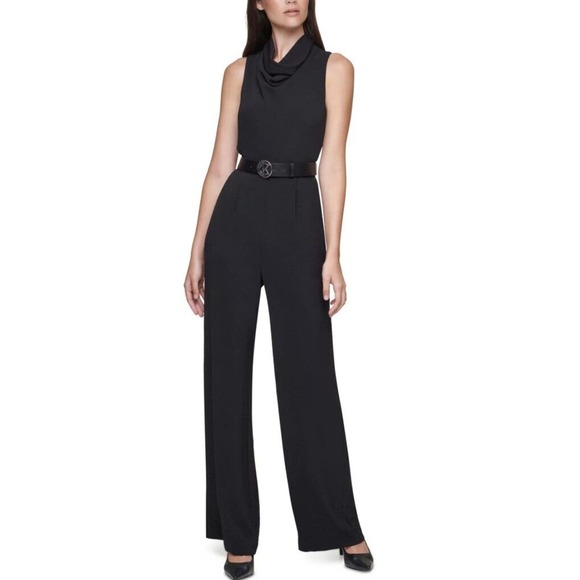 Calvin Klein Womens Cowlneck Drape Front Belted Black Jumpsuit Romper SZ 10 - Picture 1 of 13